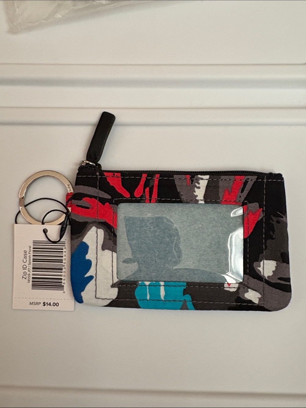 Zip ID Case with Clear Window in Black, Red, Teal Floral Print, splash floral